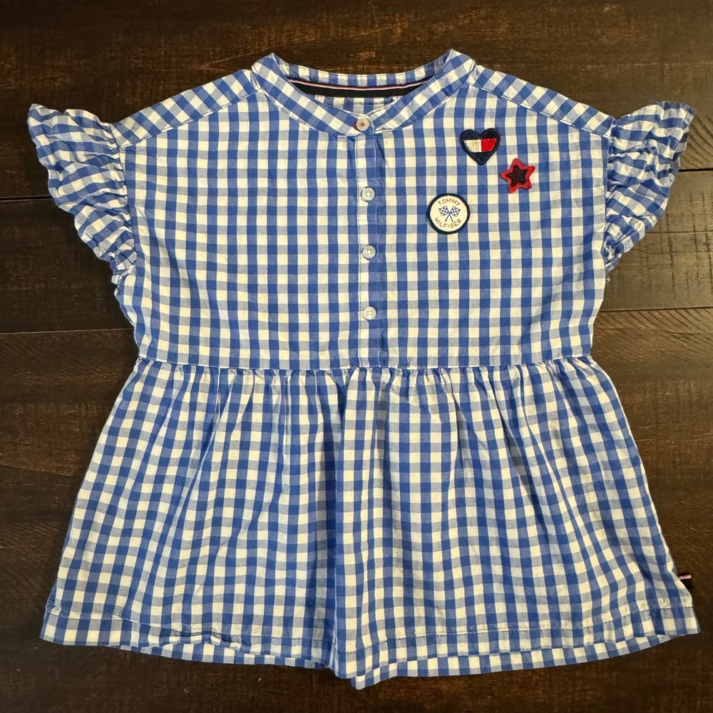 Tommy Hilfiger Gingham Ruffle Sleeve Peplum Top Blue White Size M 8 10 Kids Prep